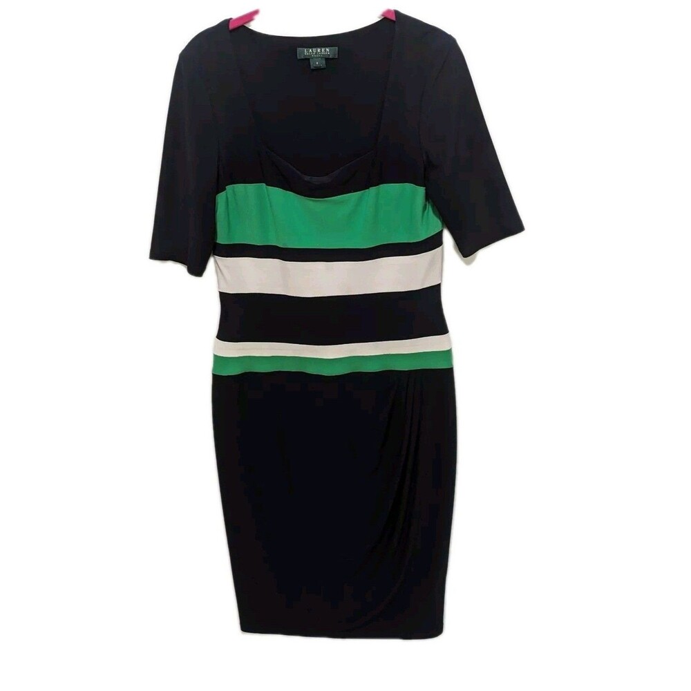 Lauren Ralph Lauren Navy Green Colorblock Dress Stripe Square Neck Size 6